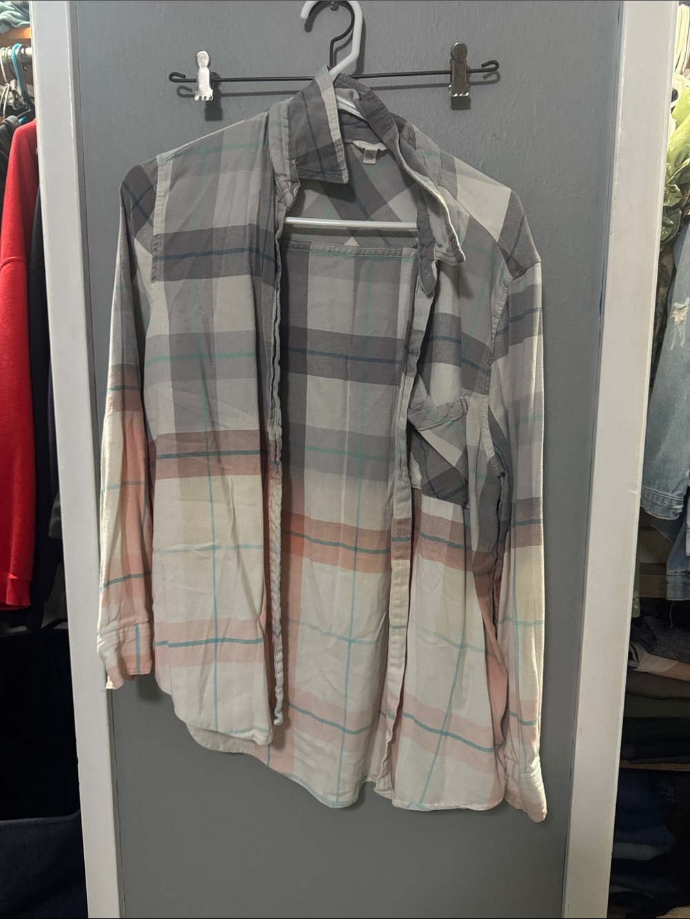 Aeropostale Women's Plaid Button-Down Shirt in Light Gray & Pink